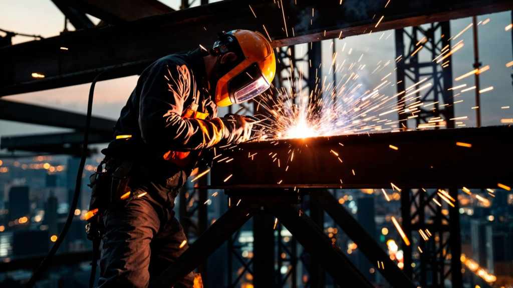 Welder working with sparks on steel structure, illustrating how much welders make in the U.S. for skilled trade work.